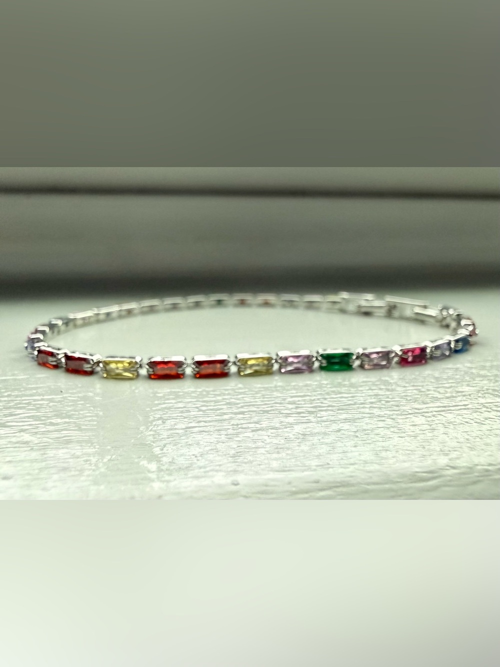 NEW! 14k White Gold Plated Multi-Color Slim Gemstone Tennis Bracelet